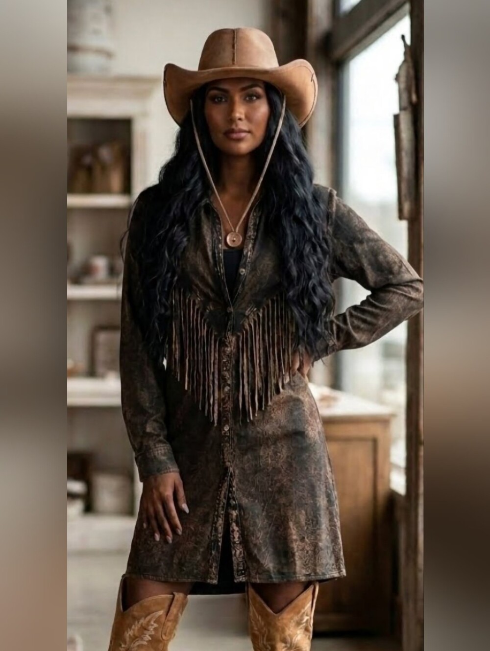 Vintage Y2K T-Party Boho Western Fringe Acid Wash Whimsigoth Mini Dress Brown L